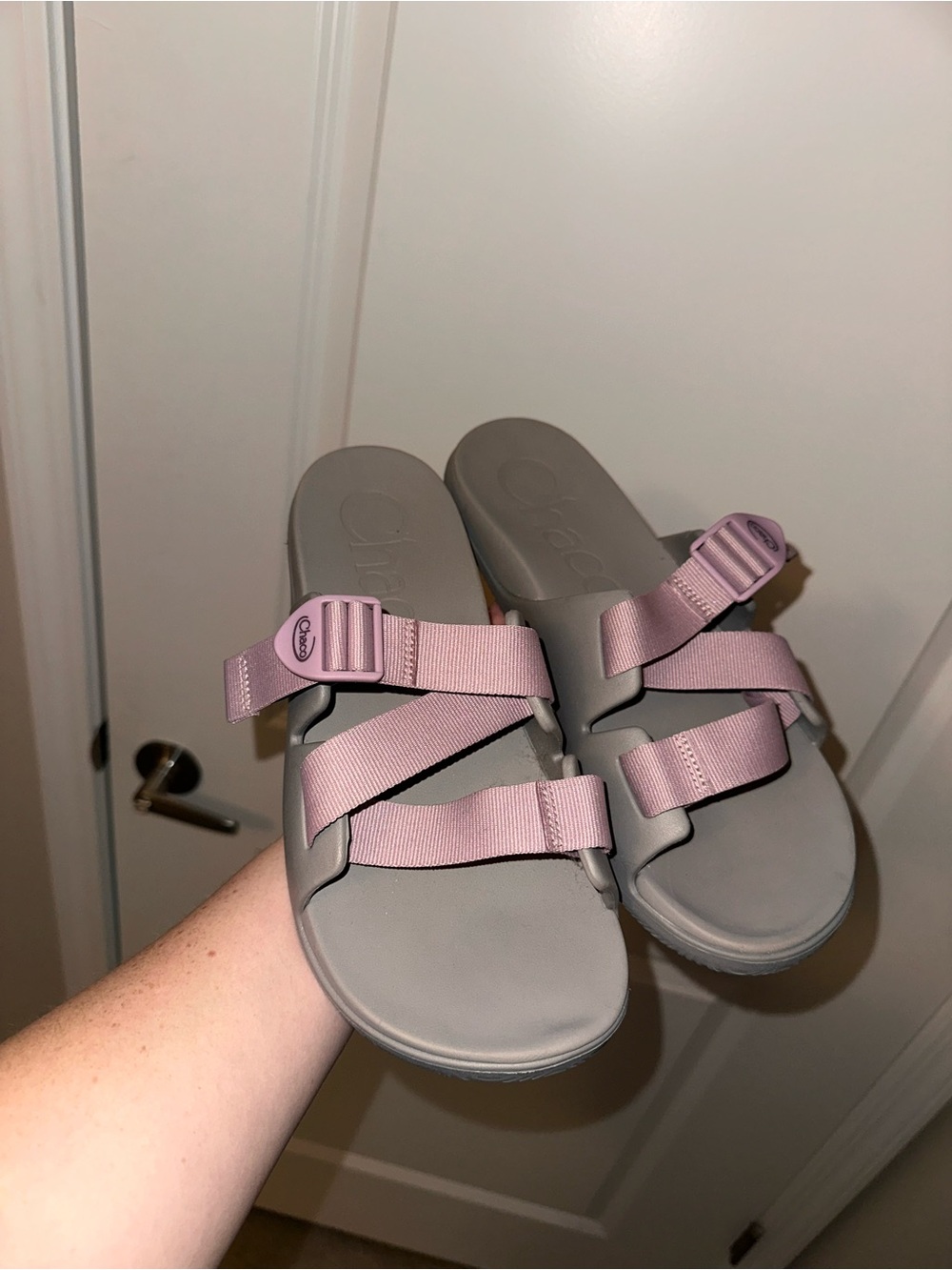 Chaco Women's Slide Sandals in Pink Straps with Gray Footbed